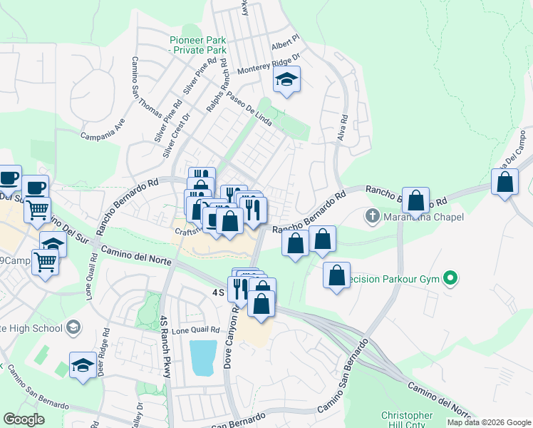 map of restaurants, bars, coffee shops, grocery stores, and more near Whitcomb Way in San Diego