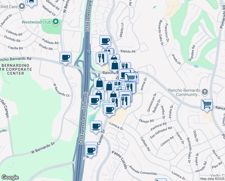 map of restaurants, bars, coffee shops, grocery stores, and more near 16880 Bernardo Center Drive in San Diego
