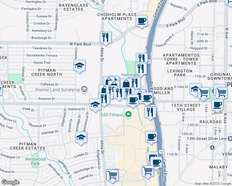 map of restaurants, bars, coffee shops, grocery stores, and more near 801 West 15th Street in Plano