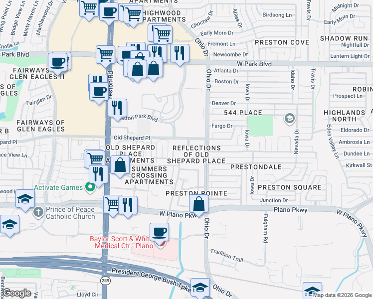 map of restaurants, bars, coffee shops, grocery stores, and more near 4629 Brook Meadow Lane in Plano