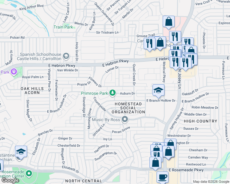 map of restaurants, bars, coffee shops, grocery stores, and more near 1648 Flowers Drive in Carrollton