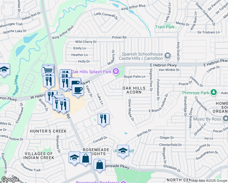 map of restaurants, bars, coffee shops, grocery stores, and more near 1206 Rooney Lane in Carrollton