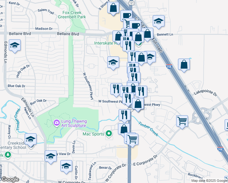 map of restaurants, bars, coffee shops, grocery stores, and more near 1679 South State Highway 121 in Lewisville