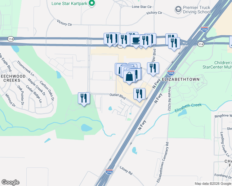 map of restaurants, bars, coffee shops, grocery stores, and more near 3300 Championship Parkway in Fort Worth
