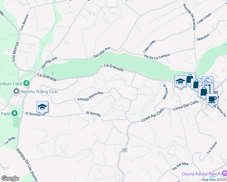 map of restaurants, bars, coffee shops, grocery stores, and more near 5499 Avenida Maravillas in Rancho Santa Fe