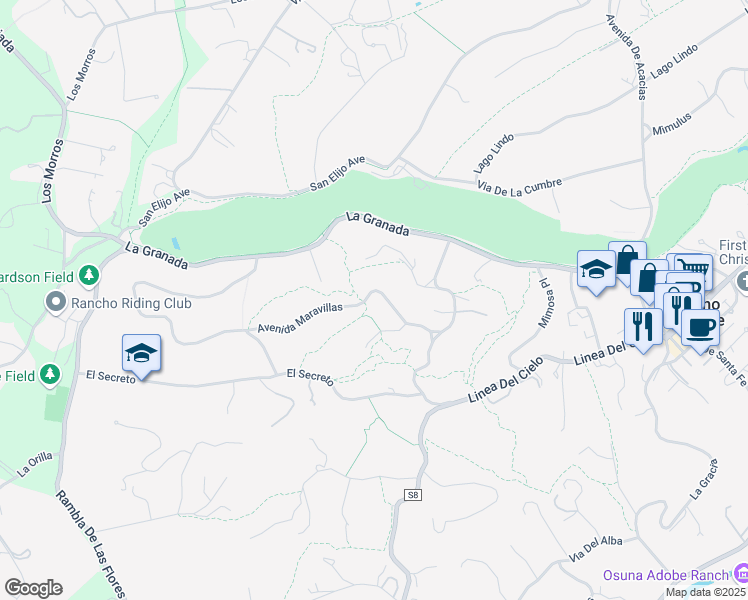 map of restaurants, bars, coffee shops, grocery stores, and more near 5499 Avenida Maravillas in Rancho Santa Fe