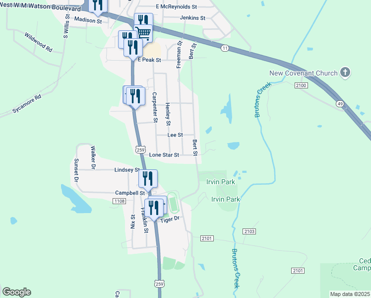 map of restaurants, bars, coffee shops, grocery stores, and more near 1011 Freeman Street in Daingerfield