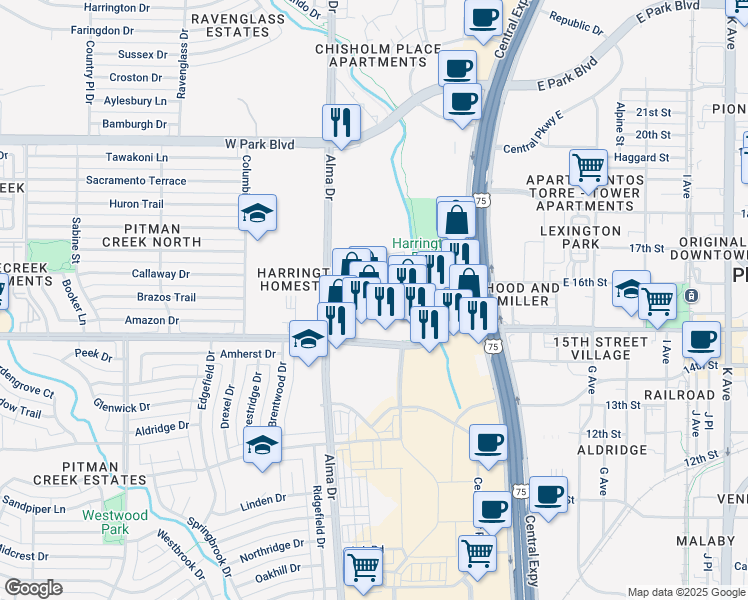 map of restaurants, bars, coffee shops, grocery stores, and more near 801 West 15th Street in Plano