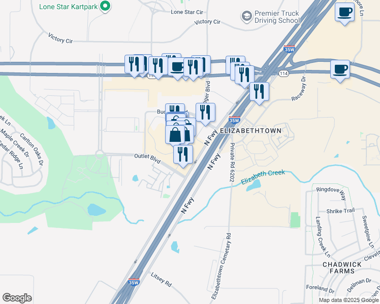 map of restaurants, bars, coffee shops, grocery stores, and more near 15853 North Freeway Service Road East in Fort Worth