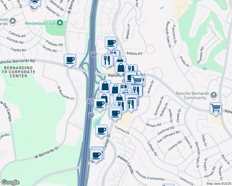 map of restaurants, bars, coffee shops, grocery stores, and more near 16880 Bernardo Center Drive in San Diego