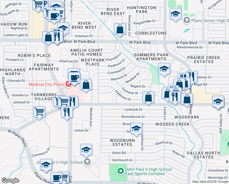 map of restaurants, bars, coffee shops, grocery stores, and more near 3600 Westview Lane in Plano