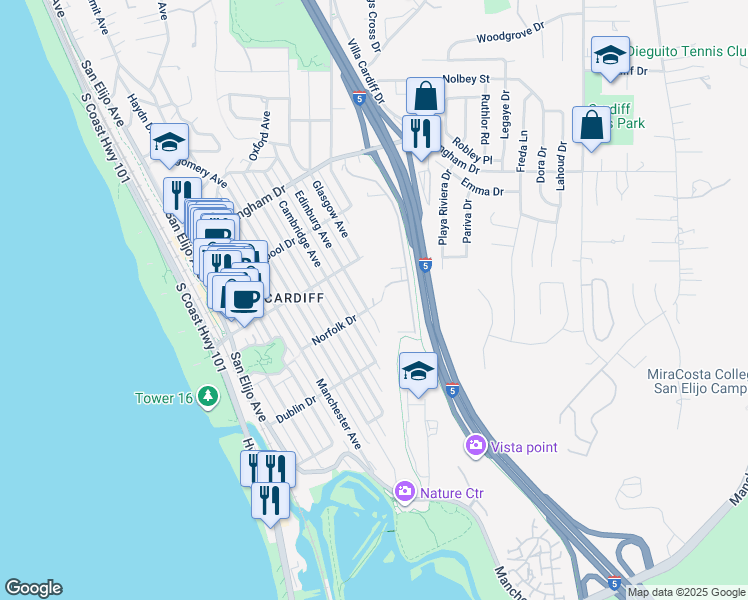 map of restaurants, bars, coffee shops, grocery stores, and more near 454 Norfolk Drive in Encinitas