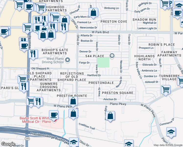 map of restaurants, bars, coffee shops, grocery stores, and more near 4521 Hartford Drive in Plano
