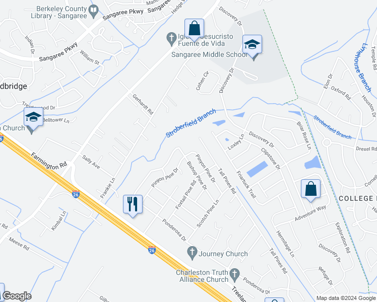 map of restaurants, bars, coffee shops, grocery stores, and more near 1333 Pinyon Pine Drive in Ladson