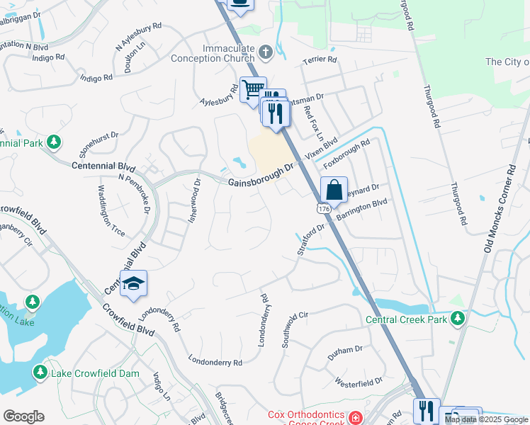 map of restaurants, bars, coffee shops, grocery stores, and more near 106 Fairhaven Drive in Goose Creek
