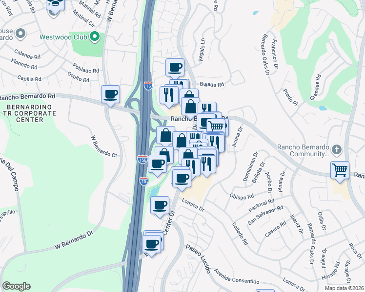 map of restaurants, bars, coffee shops, grocery stores, and more near 16890 Bernardo Center Drive in San Diego