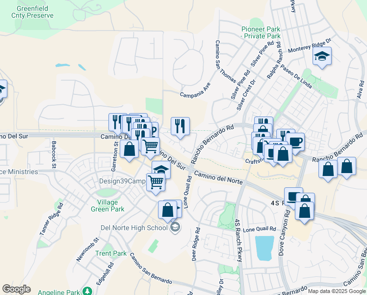 map of restaurants, bars, coffee shops, grocery stores, and more near 16825 Saintsbury Glen in San Diego