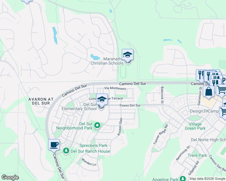map of restaurants, bars, coffee shops, grocery stores, and more near 16063 Paseo Montenero in San Diego