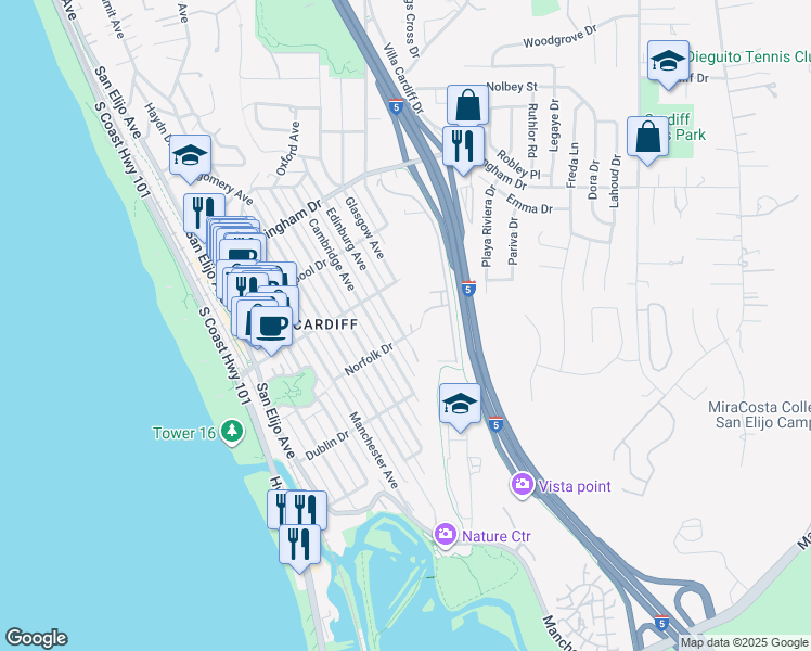 map of restaurants, bars, coffee shops, grocery stores, and more near 2263 Edinburg Avenue in Encinitas