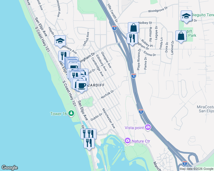 map of restaurants, bars, coffee shops, grocery stores, and more near 2224 Cambridge Avenue in Encinitas
