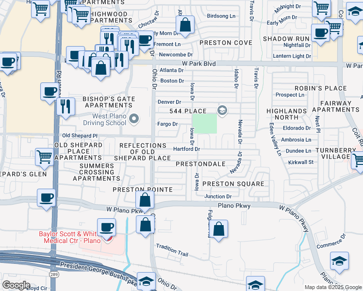 map of restaurants, bars, coffee shops, grocery stores, and more near 4521 Hartford Drive in Plano