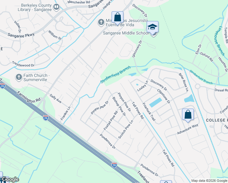 map of restaurants, bars, coffee shops, grocery stores, and more near 1333 Pinyon Pine Drive in Ladson