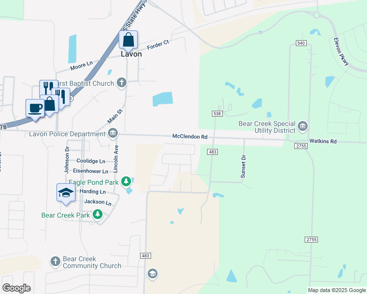 map of restaurants, bars, coffee shops, grocery stores, and more near 285 Sunshine Lane in Lavon