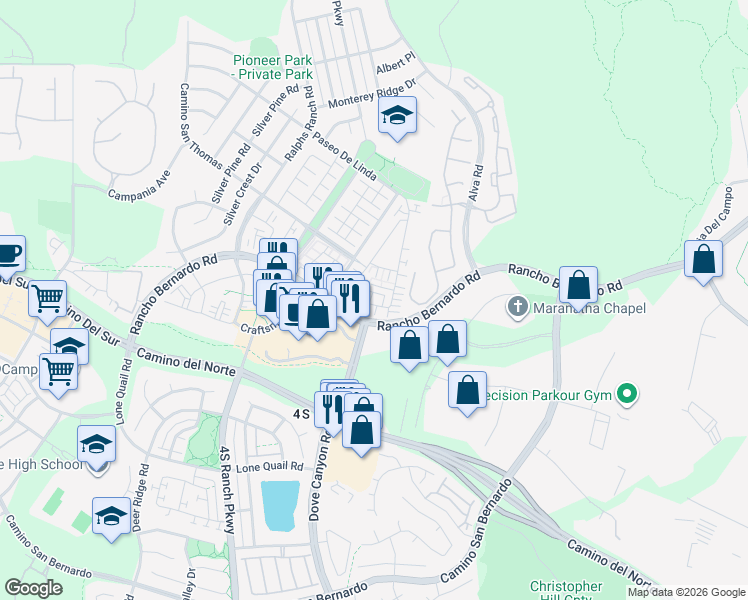 map of restaurants, bars, coffee shops, grocery stores, and more near 10429 Whitcomb Way in San Diego