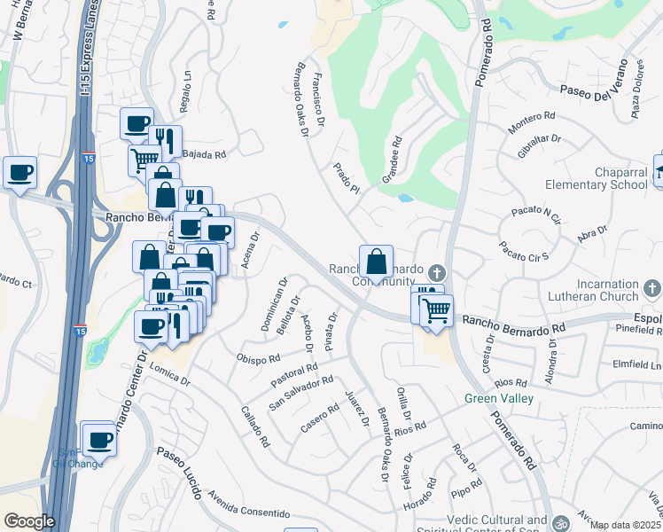 map of restaurants, bars, coffee shops, grocery stores, and more near 12190 Rancho Bernardo Road in San Diego