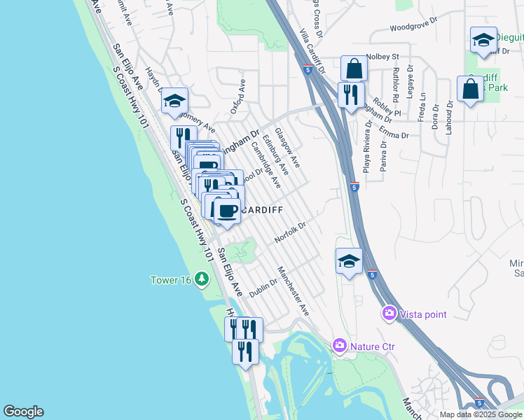 map of restaurants, bars, coffee shops, grocery stores, and more near Montgomery Avenue in Encinitas