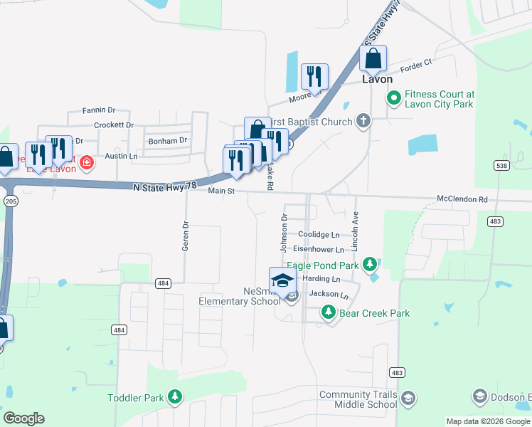 map of restaurants, bars, coffee shops, grocery stores, and more near 504 Mustang Court in Lavon