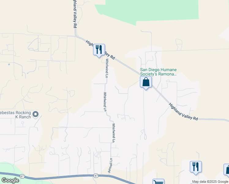 map of restaurants, bars, coffee shops, grocery stores, and more near 17048 Handlebar Road in Ramona