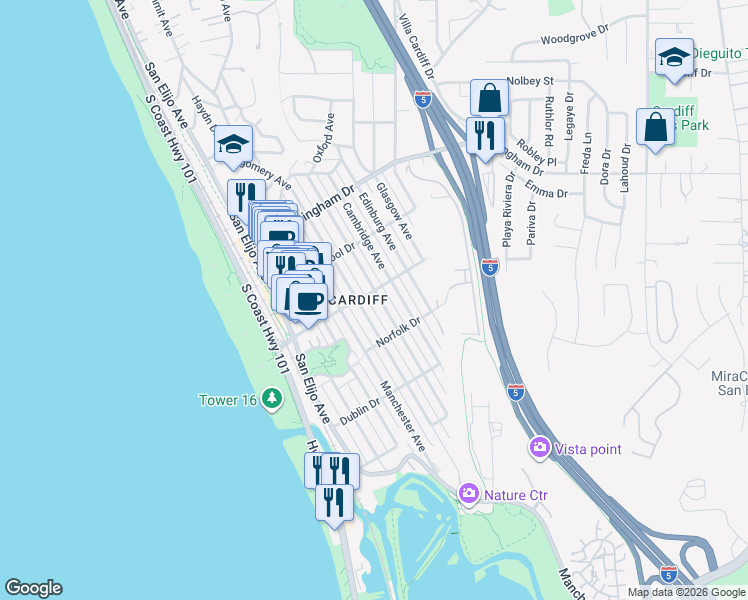 map of restaurants, bars, coffee shops, grocery stores, and more near 2208 Oxford Avenue in Encinitas