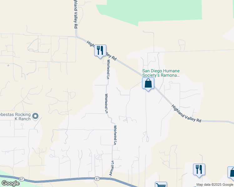 map of restaurants, bars, coffee shops, grocery stores, and more near 17048 Handlebar Road in Ramona