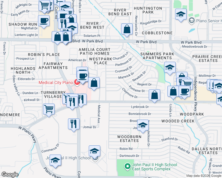 map of restaurants, bars, coffee shops, grocery stores, and more near 3621 Westview Lane in Plano