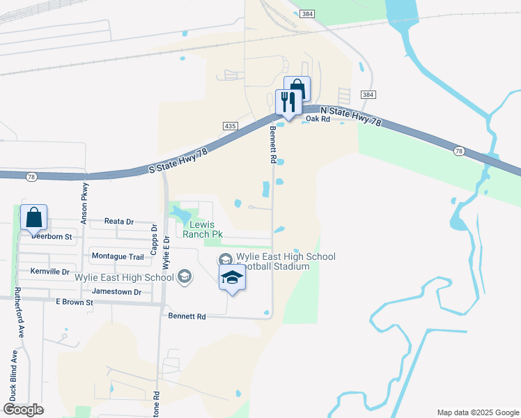 map of restaurants, bars, coffee shops, grocery stores, and more near 6587 Bennett Road in Wylie