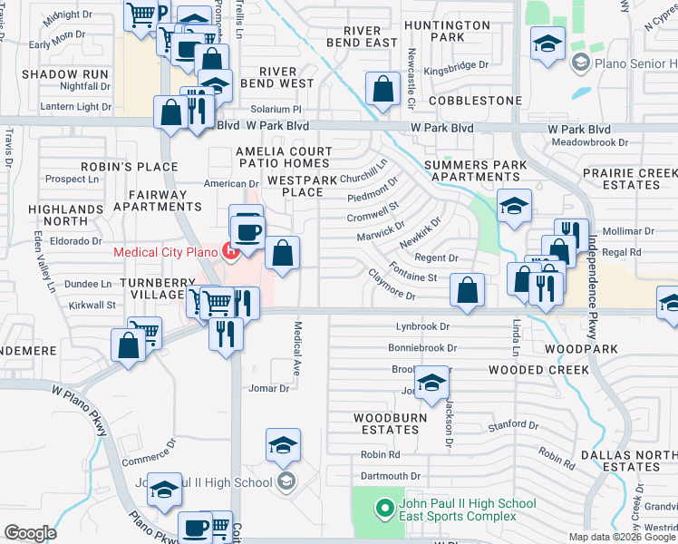 map of restaurants, bars, coffee shops, grocery stores, and more near 3621 Westview Lane in Plano