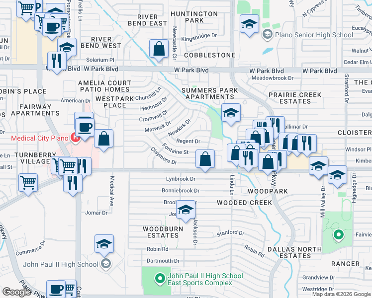 map of restaurants, bars, coffee shops, grocery stores, and more near 3329 Fontaine Street in Plano