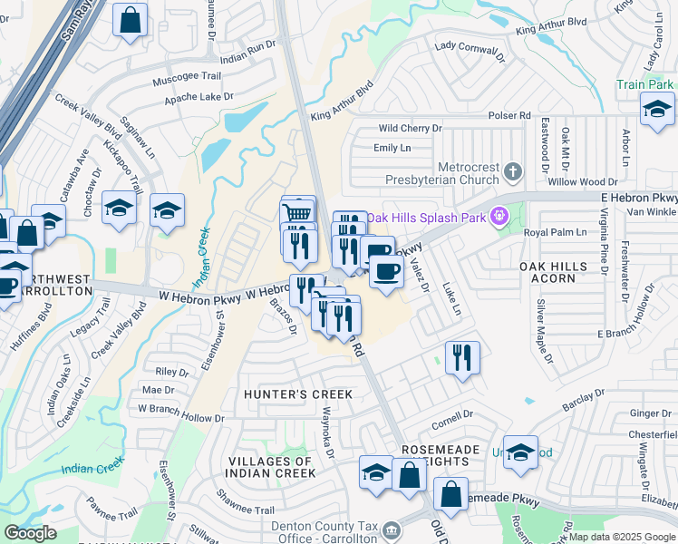 map of restaurants, bars, coffee shops, grocery stores, and more near Old Denton Rd & E Hebron Pkwy in Carrollton