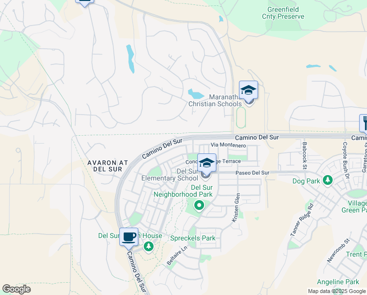 map of restaurants, bars, coffee shops, grocery stores, and more near 16066 Penny Lane in San Diego