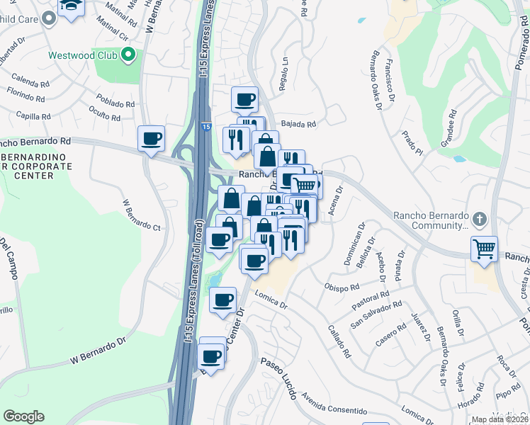 map of restaurants, bars, coffee shops, grocery stores, and more near 16890 Bernardo Center Dr in San Diego