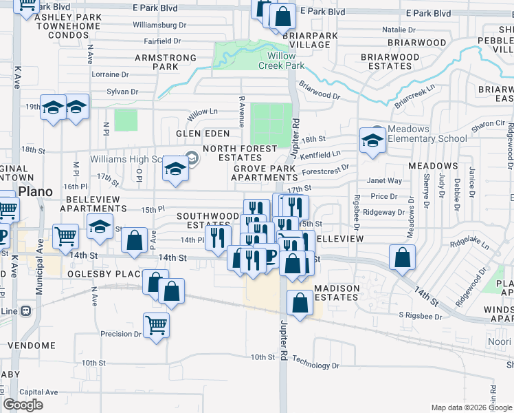 map of restaurants, bars, coffee shops, grocery stores, and more near 1510 R Avenue in Plano