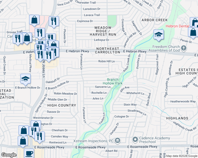 map of restaurants, bars, coffee shops, grocery stores, and more near 2021 East Branch Hollow Drive in Carrollton