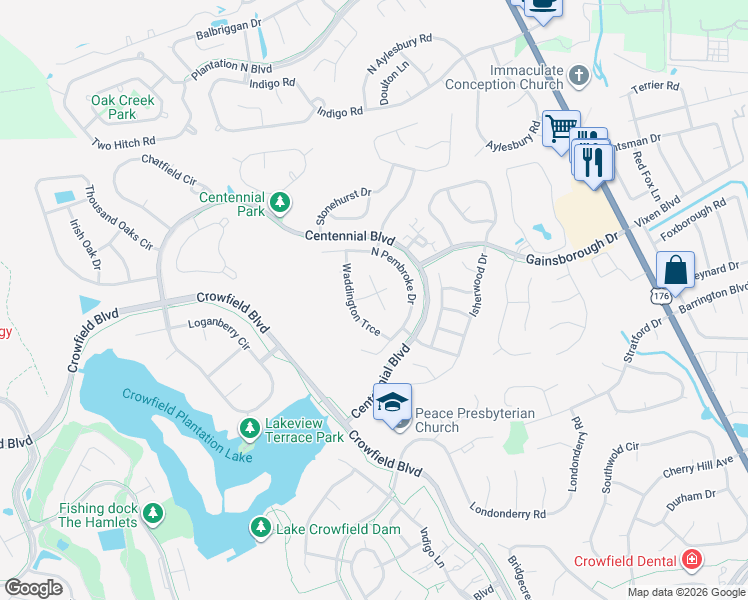 map of restaurants, bars, coffee shops, grocery stores, and more near 100 South Ansel Crossing in Goose Creek