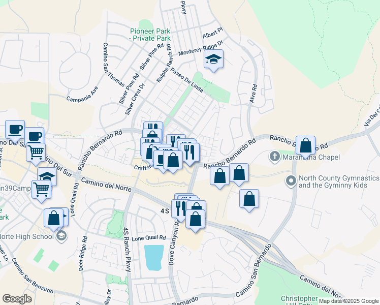 map of restaurants, bars, coffee shops, grocery stores, and more near 10452 Whitcomb Way in San Diego