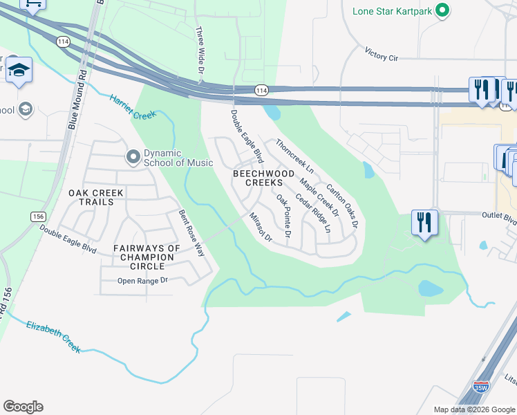 map of restaurants, bars, coffee shops, grocery stores, and more near 2700 Albatross Lane in Fort Worth