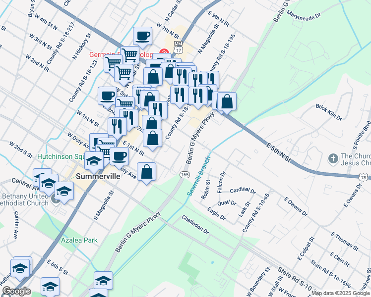 map of restaurants, bars, coffee shops, grocery stores, and more near 305 County Road S-18-648 in Summerville