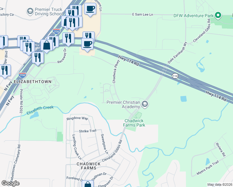 map of restaurants, bars, coffee shops, grocery stores, and more near 13814 Chadwick Parkway in Northlake