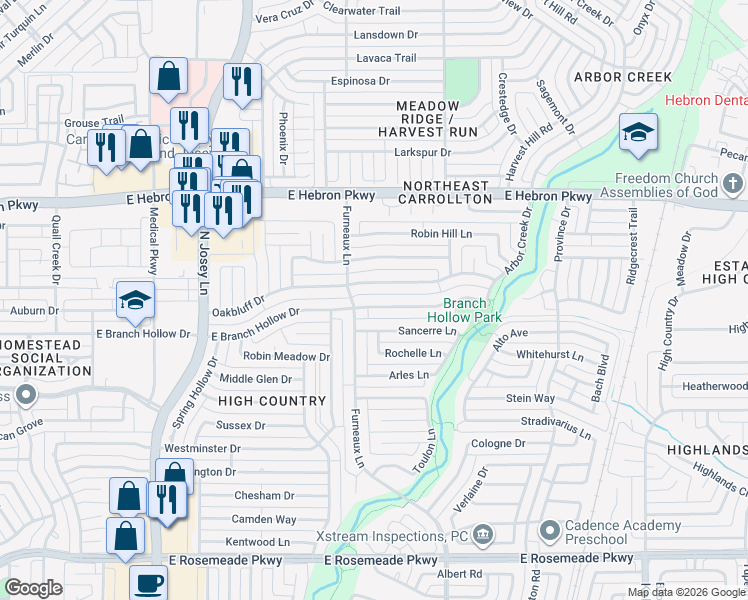 map of restaurants, bars, coffee shops, grocery stores, and more near 2007 East Branch Hollow Drive in Carrollton