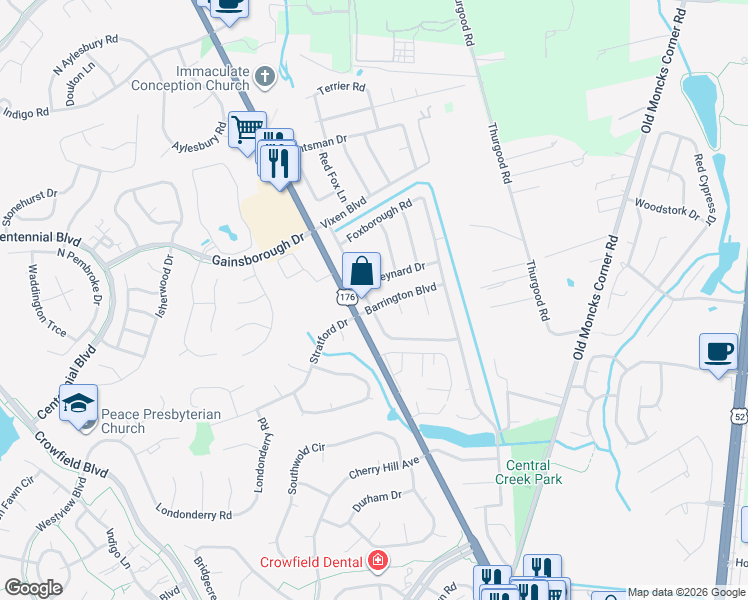 map of restaurants, bars, coffee shops, grocery stores, and more near 101 Barrington Boulevard in Goose Creek